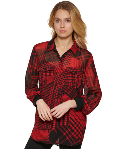 DKNY Womens Plaid-Print Button-Down blouse top