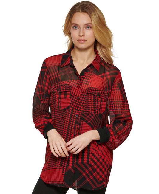 DKNY Womens Plaid-Print Button-Down blouse top