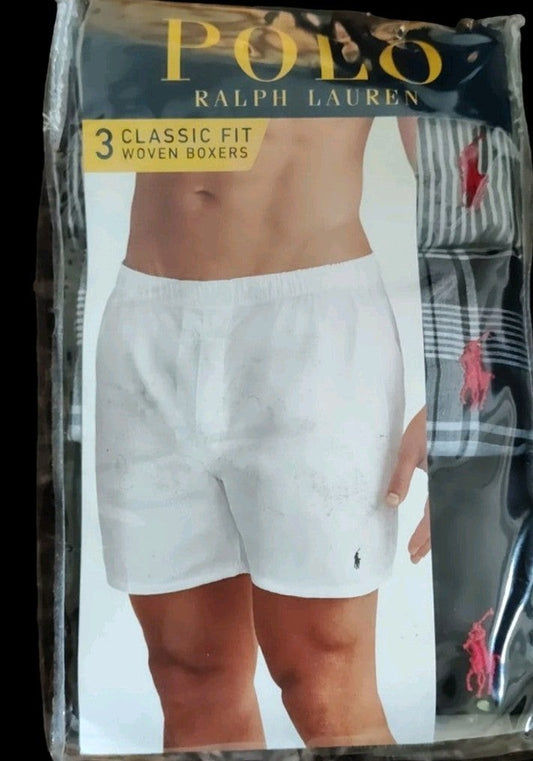 Polo Ralph Lauren Men’s Classic Woven Boxers 3-Pack – Black & Gray Assorted – 100% Cotton – Size Small