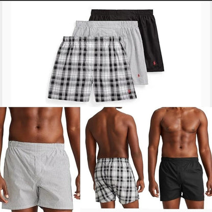 Polo Ralph Lauren Men’s Classic Woven Boxers 3-Pack – Black & Gray Assorted – 100% Cotton – Size Small