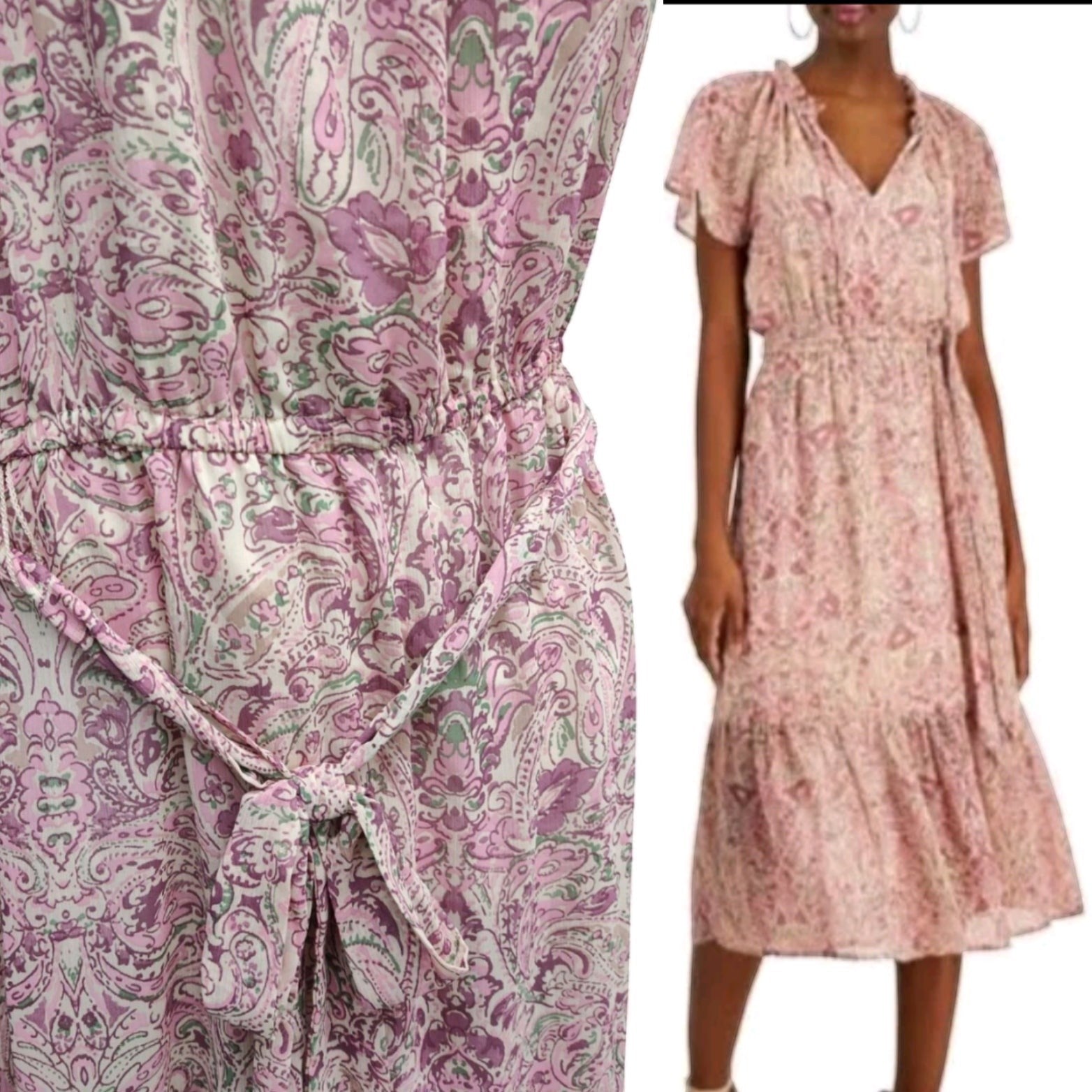 INC  Womens Paisley Pink Purple Smocked Waist Tie Neck Flutter-Sleeve Dress- Blush