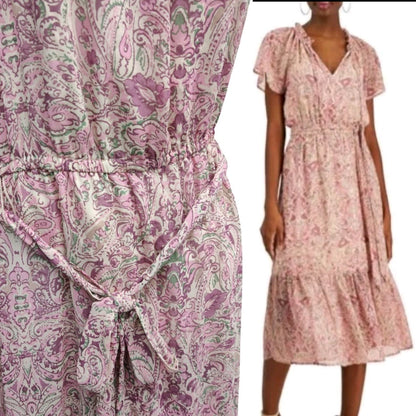 INC  Womens Paisley Pink Purple Smocked Waist Tie Neck Flutter-Sleeve Dress- Blush
