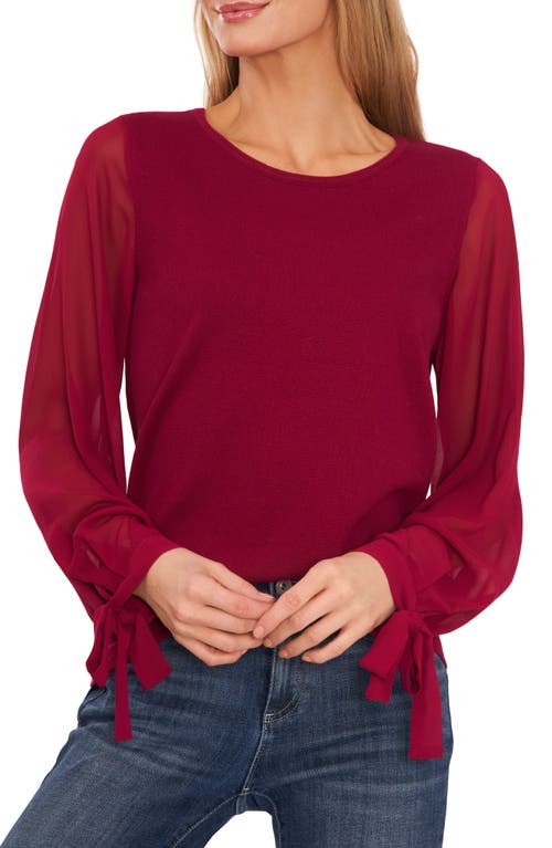 Cotton Chiffon-Sleeve Mixed-Media Deep Merlot blouse top