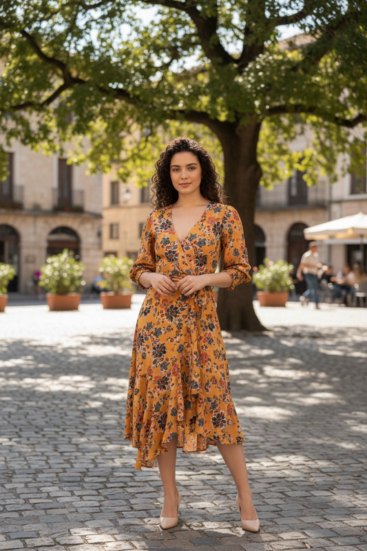 NY Collection Women's Petites Womens Chiffon Floral MIDI Dress. Mustard Yellow Floral