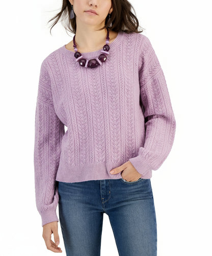 Hippie Rose Juniors Crewneck Pointelle-Knit sweater.  Lilac Moon Medium