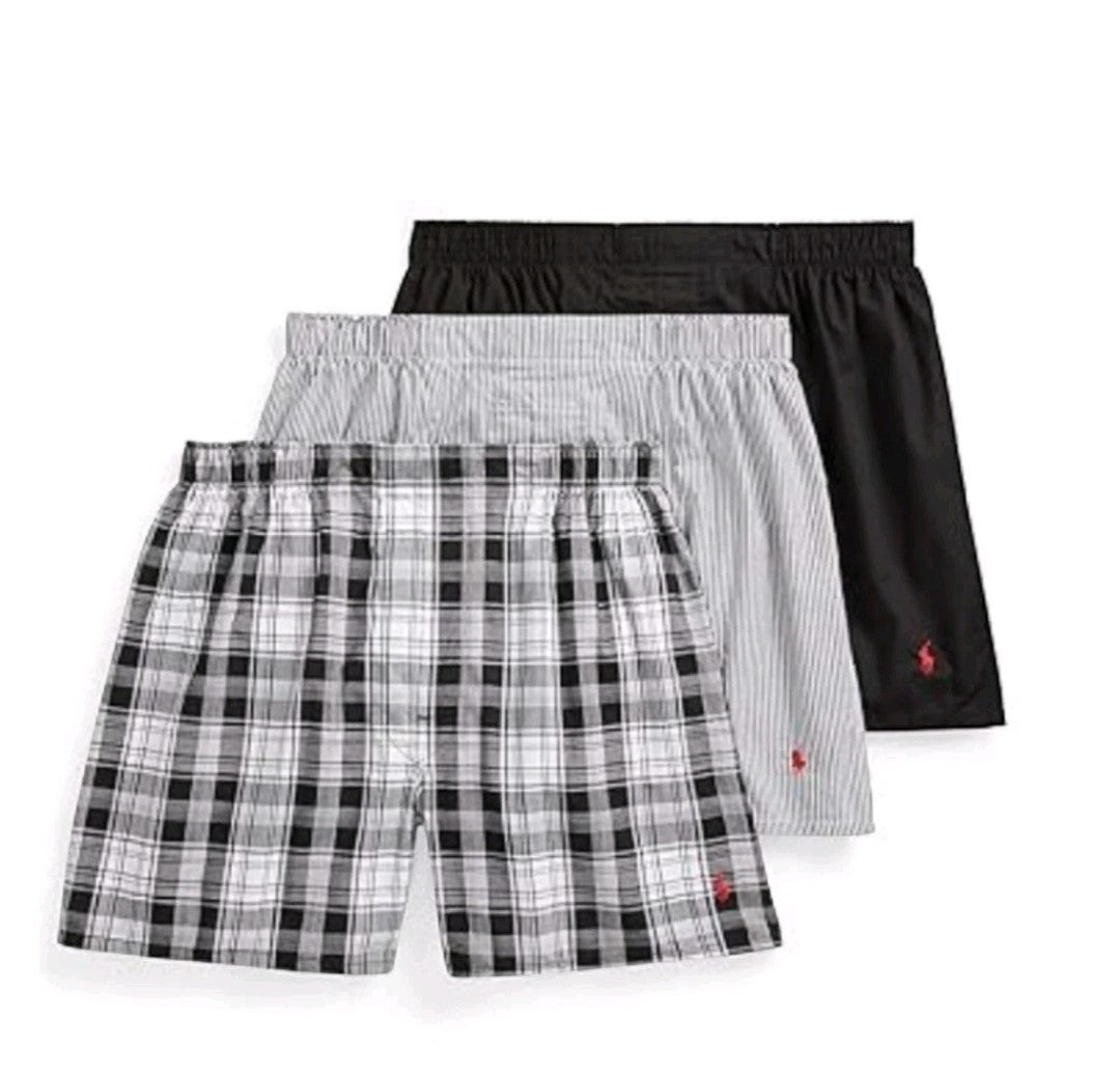 Polo Ralph Lauren Men’s Classic Woven Boxers 3-Pack – Black & Gray Assorted – 100% Cotton – Size Small