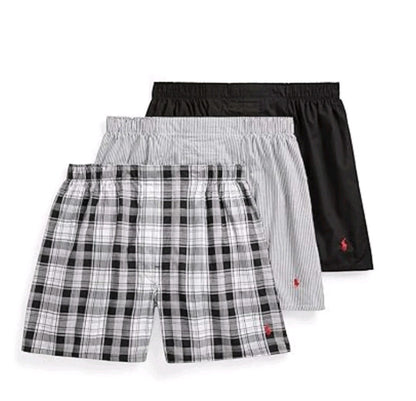 Polo Ralph Lauren Men’s Classic Woven Boxers 3-Pack – Black & Gray Assorted – 100% Cotton – Size Small