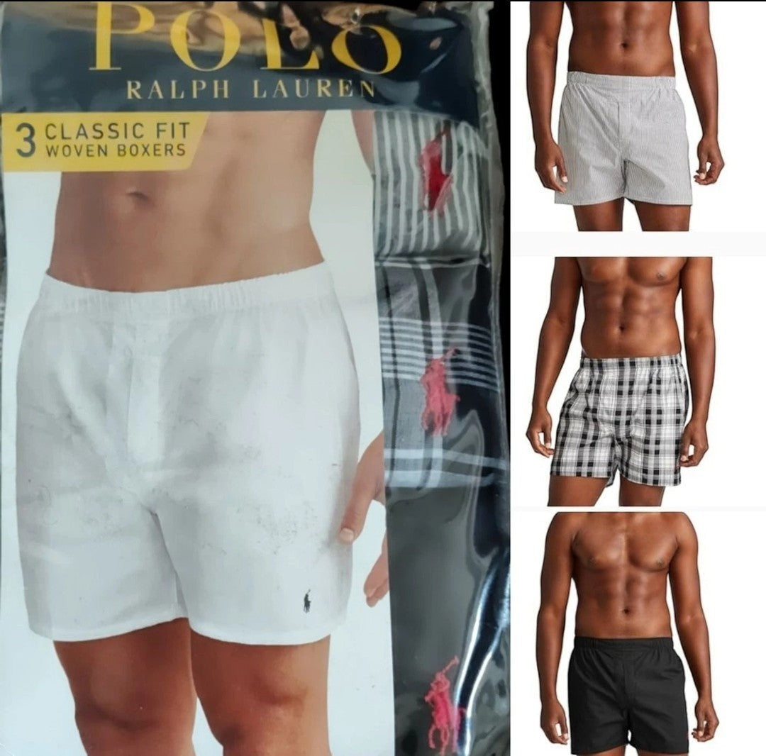 Polo Ralph Lauren Men’s Classic Woven Boxers 3-Pack – Black & Gray Assorted – 100% Cotton – Size Small