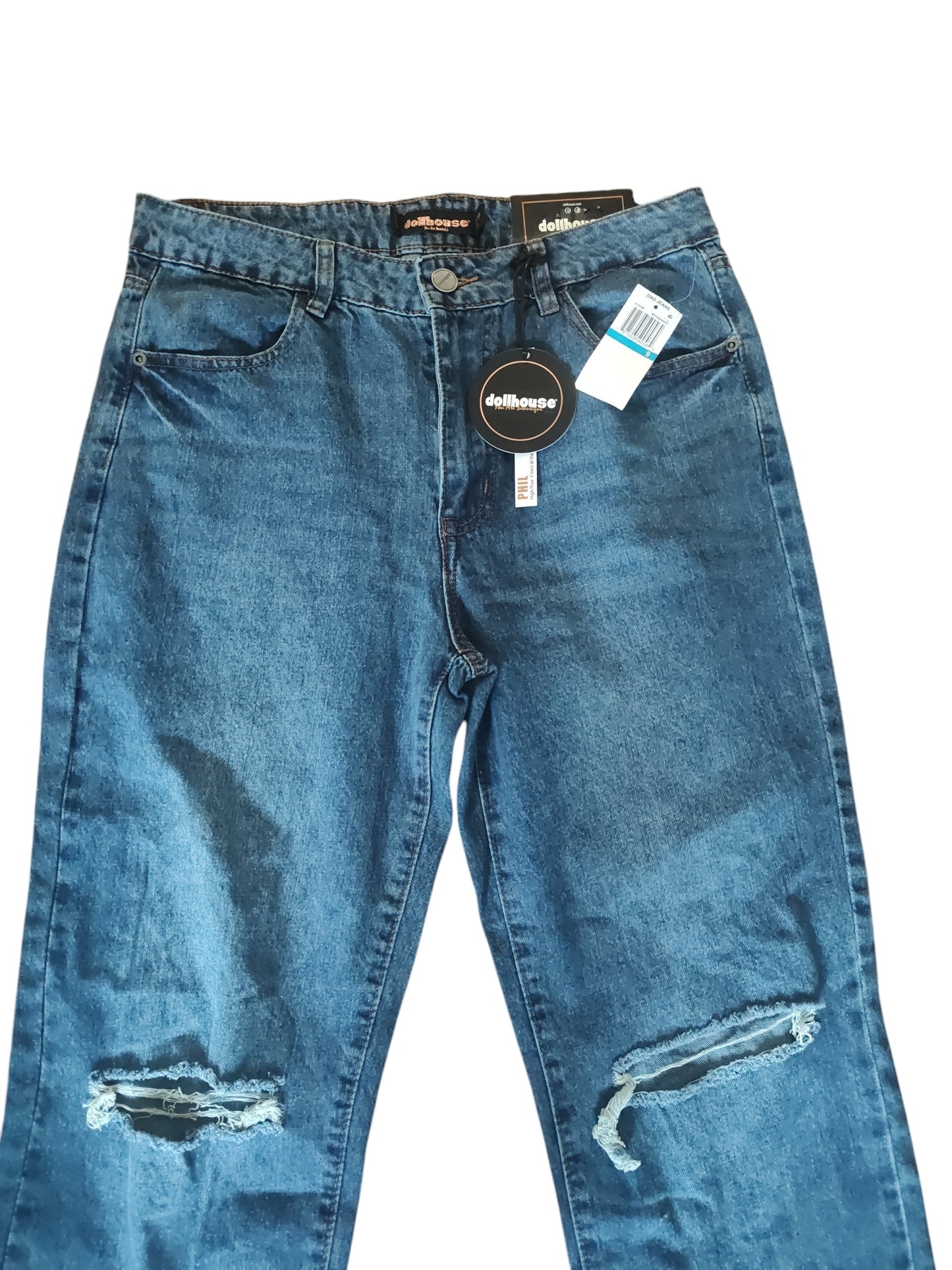 Dollhouse Womens Ripped Knee High Rise Dad Relaxed Fit Jeans Blue Juniors 9/10
