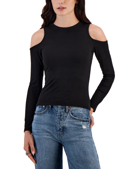 Just Polly Juniors Crewneck Cold-Shoulder Ribbed Top. Black