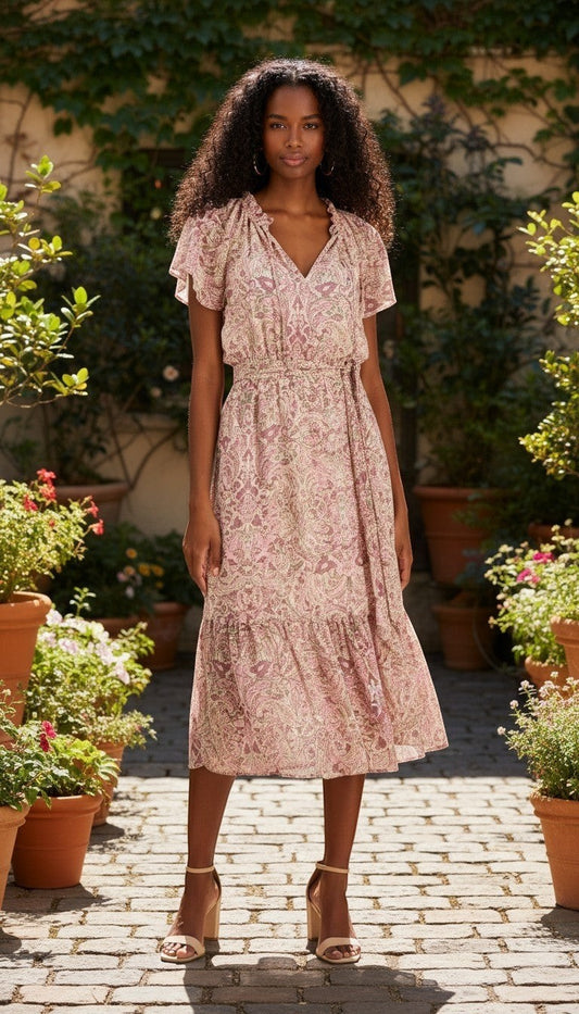 INC  Womens Paisley Pink Purple Smocked Waist Tie Neck Flutter-Sleeve Dress- Blush