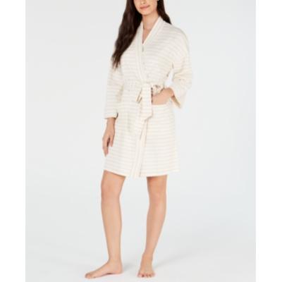 Charter Club Stripe-Print Knit Short Robe - Winter Ivory