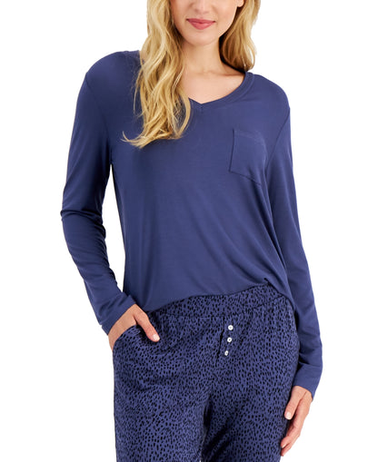 Alfani Womens Long-Sleeve Pocket Pajama  V-Neck T-Shirt