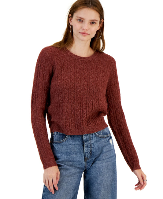 Hippie Rose Juniors' Cable-Knit Crewneck Sweater - Brown medium