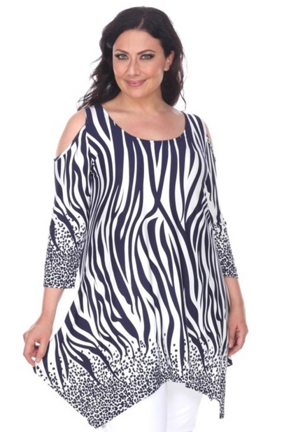 PS1305-02-3X  White mark Plus Size Antonia Cold Shoulder Tunic Top, Navy & White - 3X