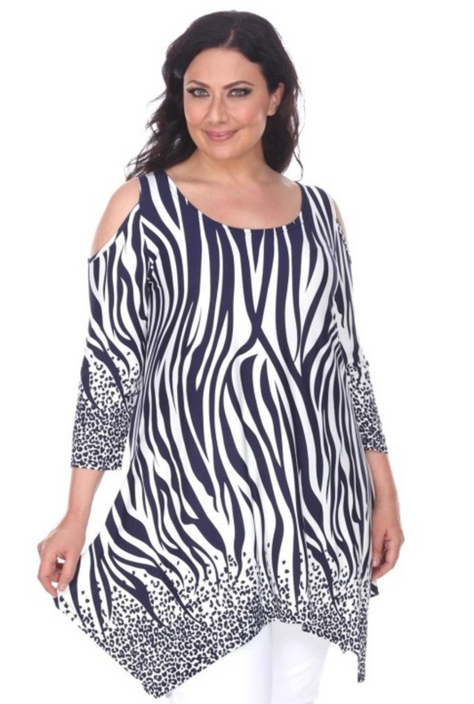 PS1305-02-3X  White mark Plus Size Antonia Cold Shoulder Tunic Top, Navy & White - 3X
