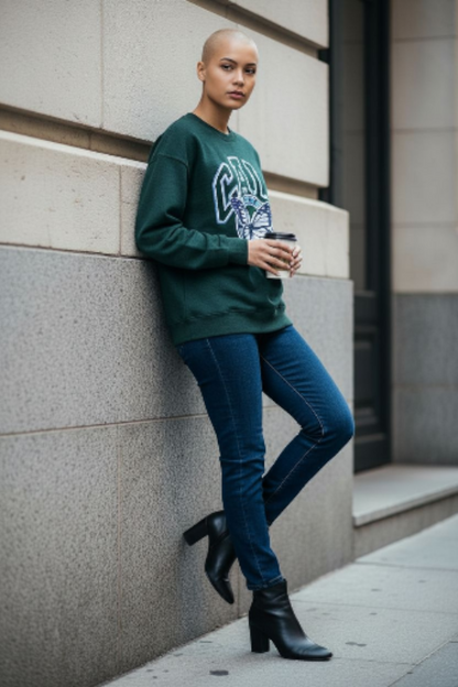 Rebellious One Juniors Butterfly Crewneck Sweatshirt . Cali butterfly print . Heather Botanical Green Large