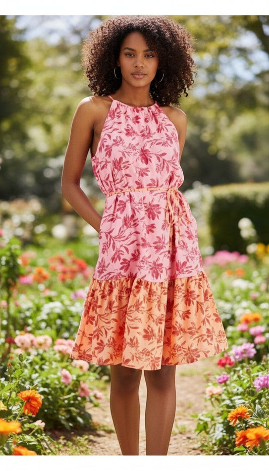 INC International Concepts Womens Printed Belted A-Line Dress- Soft Rose Combo 16