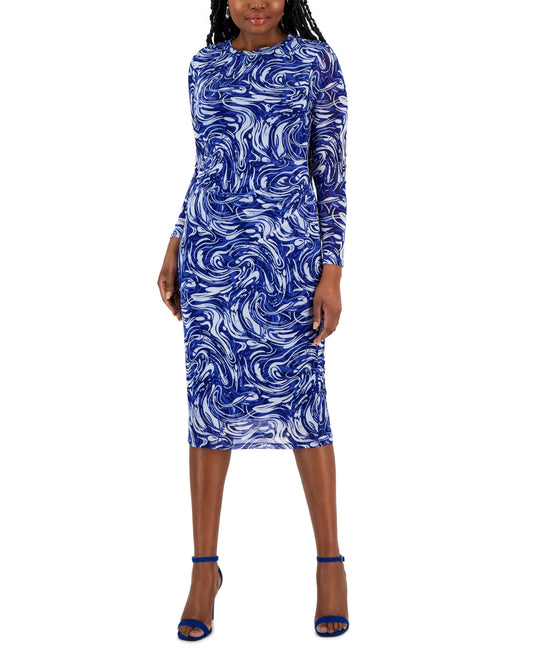 Kasper Womens Blue Printed Side-Pleated Dress- Medium