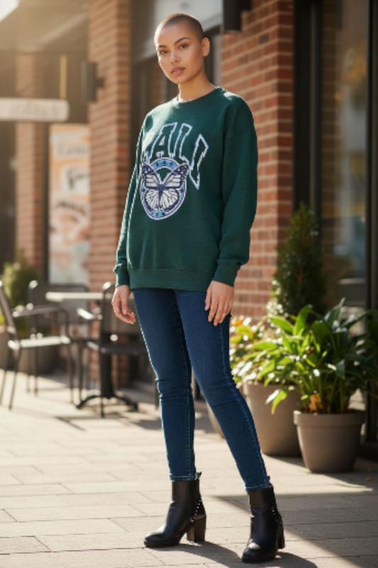 Rebellious One Juniors Butterfly Crewneck Sweatshirt . Cali butterfly print . Heather Botanical Green Large