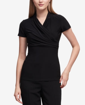 DKNY Petite Draped Surplice Blouse Black PXS