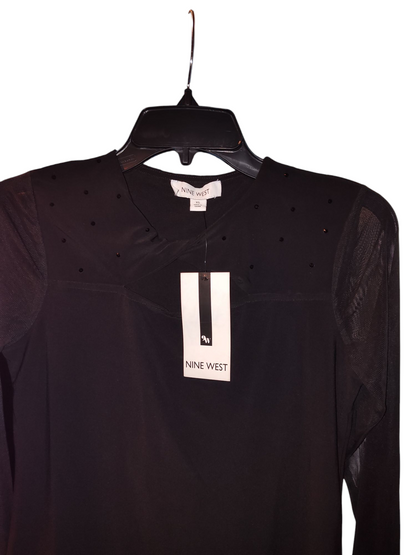Nine West Womens Twist-Neck Cutout Long sleeve mesh blouse XS black
