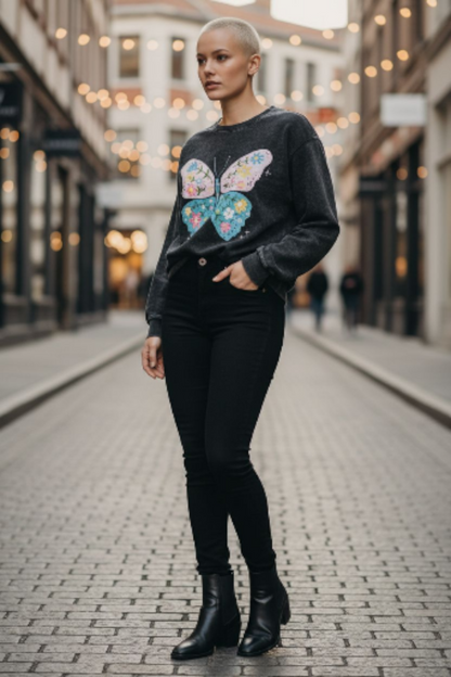 Rebellious One Juniors Butterfly Long-Sleeve sweatshirt top. Black Medium