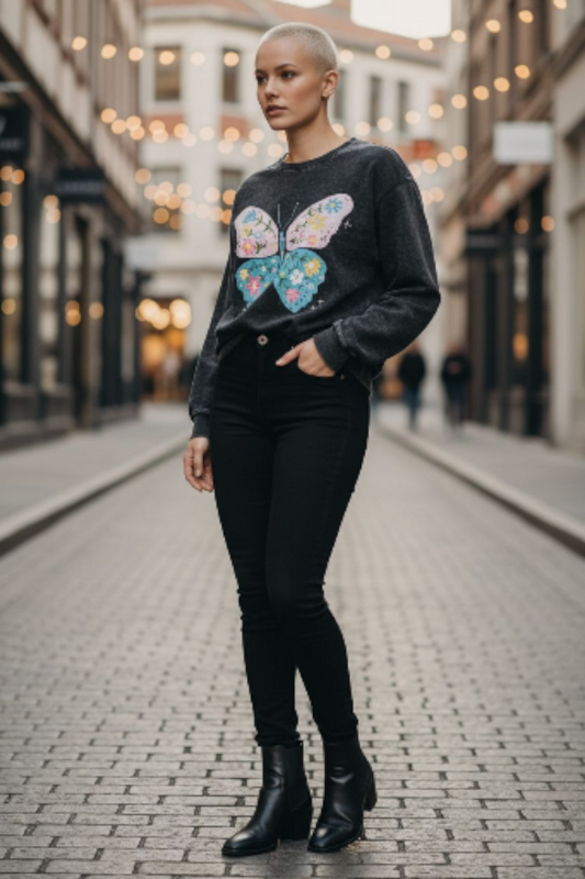 Rebellious One Juniors Butterfly Long-Sleeve sweatshirt top. Black Medium