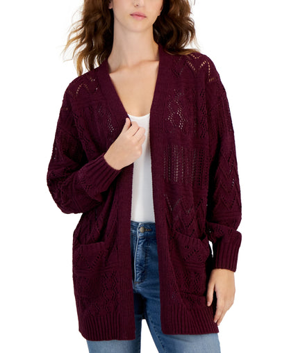 Hooked up by Iot Juniors' Chenille Cable-Knit Cardigan Sweater - Winter Bloom medium