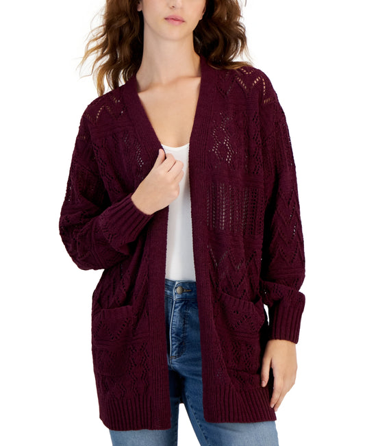 Hooked up by Iot Juniors' Chenille Cable-Knit Cardigan Sweater - Winter Bloom medium