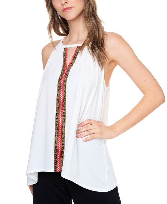 JPR Studio Womens Border-Print Sleeveless Blouse Top Ivory White  XS
