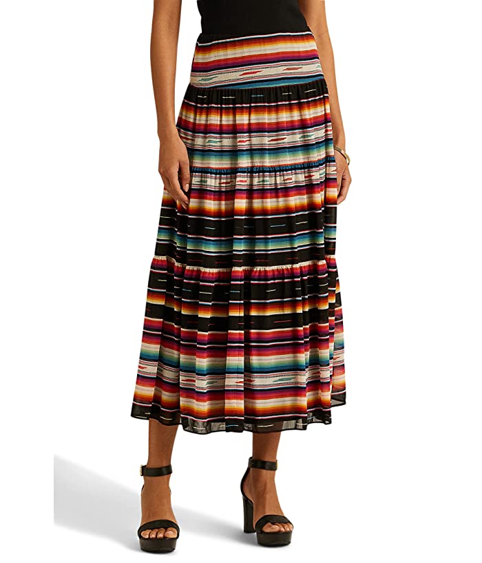 Lauren Ralph Lauren Women's Long Skirt Striped Crinkled Georgette - Black Multicolor