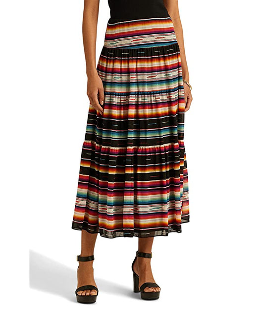 Lauren Ralph Lauren Women's Long Skirt Striped Crinkled Georgette - Black Multicolor