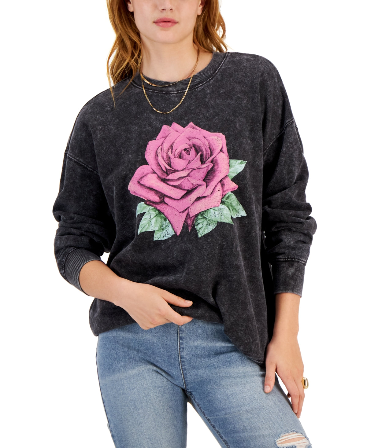 Rebellious One Juniors' Rose Mineral Wash Sweatshirt. Black