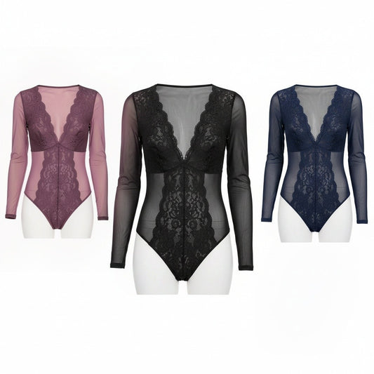 International Concepts Long-Sleeve Lace Mesh Bodysuit