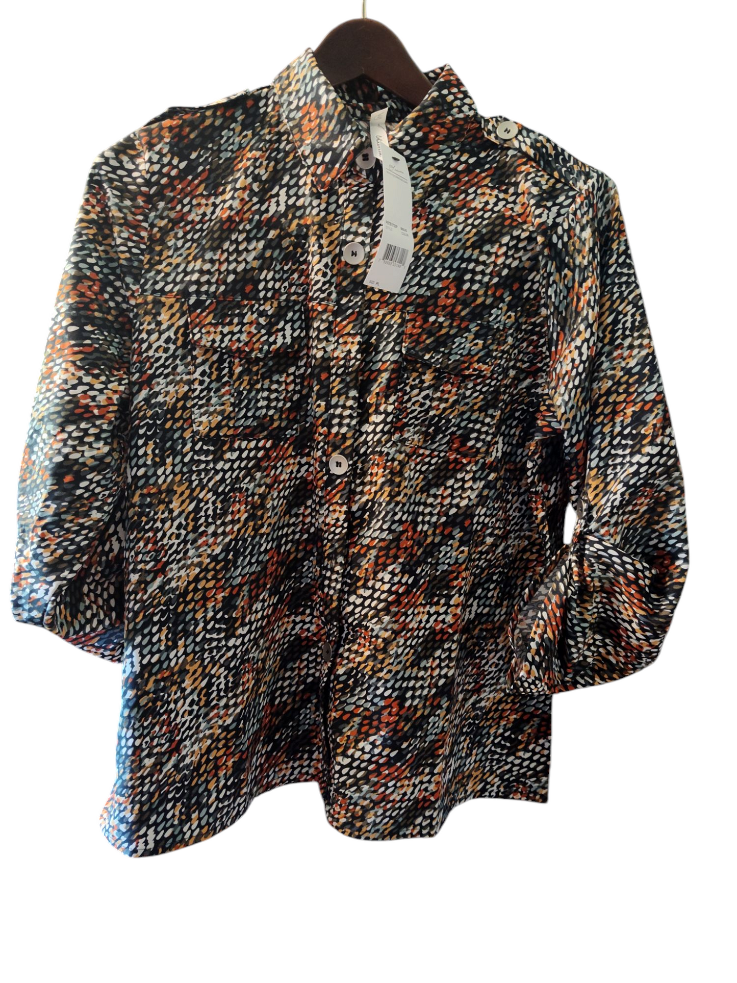 NY Collection Womens Petite 3/4 Sleeve Roll Tab Notch Button Down Top