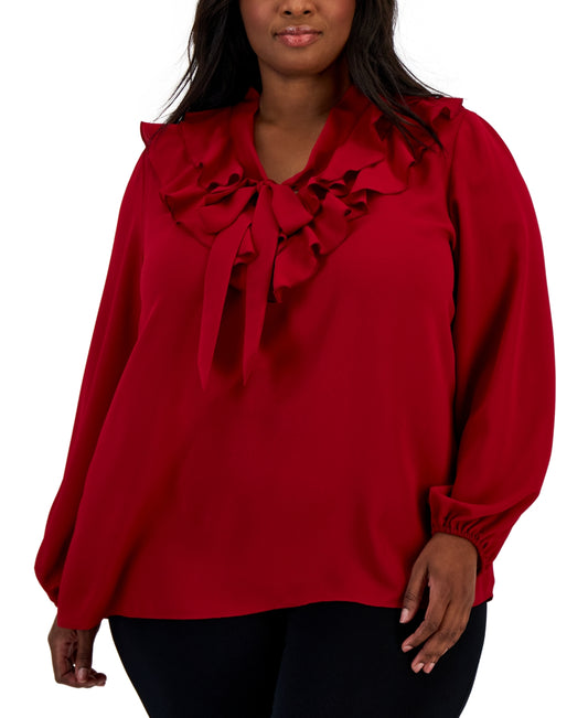 Kasper Plus Size Ruffled Tie-Neck Blouse Top - Fire Red 3X