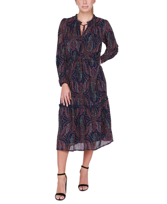 Black Tape Womens Long-Sleeve Tiered Midi Dress.