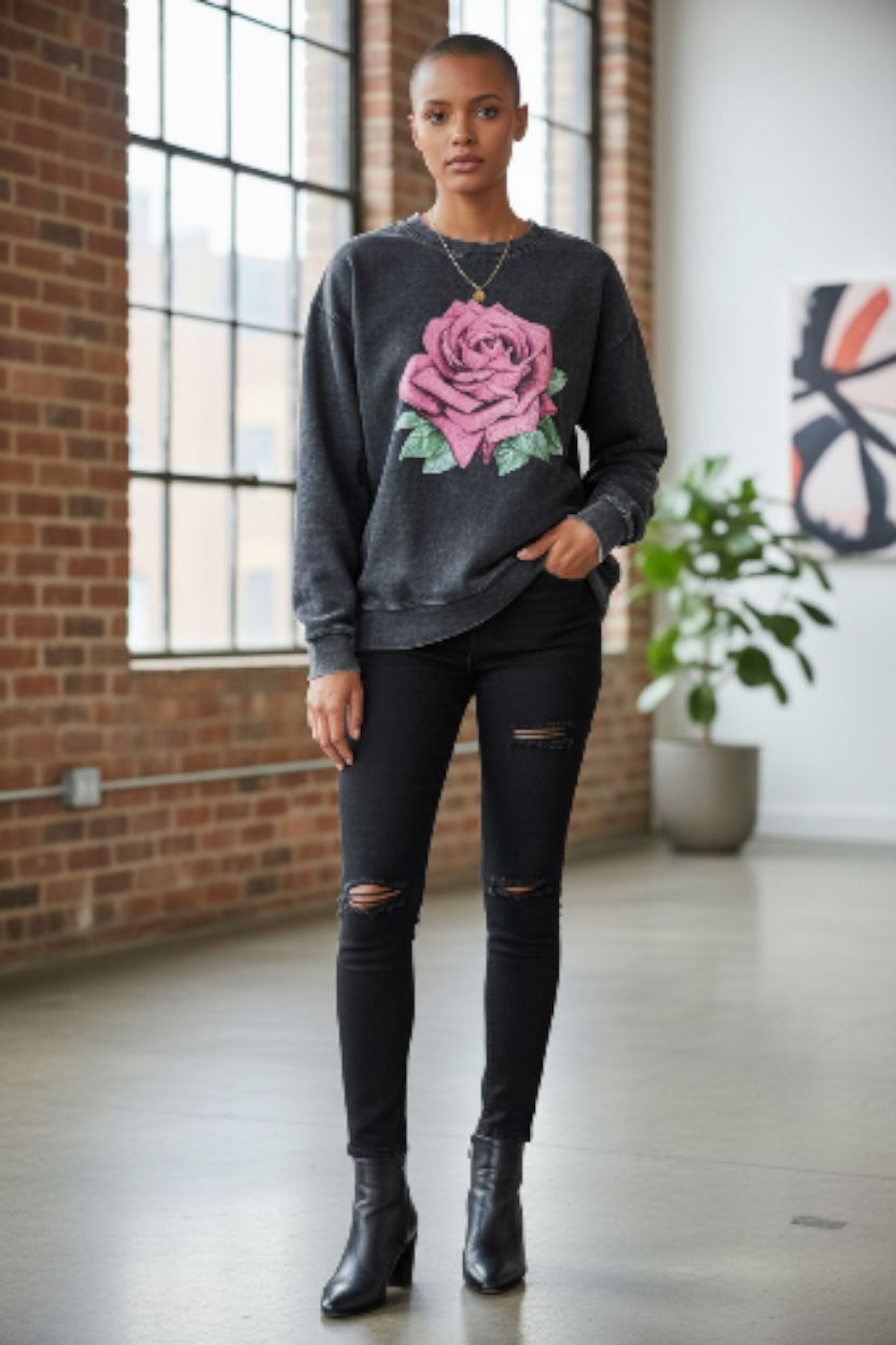 Rebellious One Juniors' Rose Mineral Wash Sweatshirt. Black