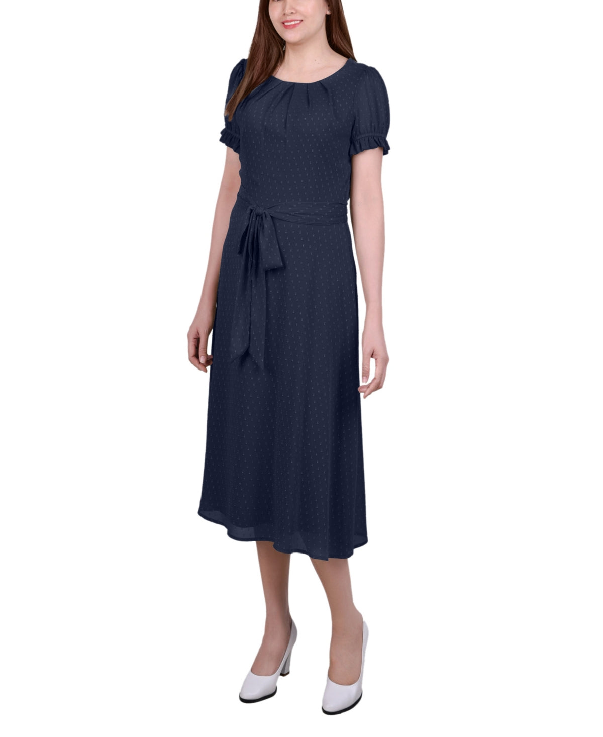 NY Collection Women's  Petite Short Sleeve Midi Belted dress