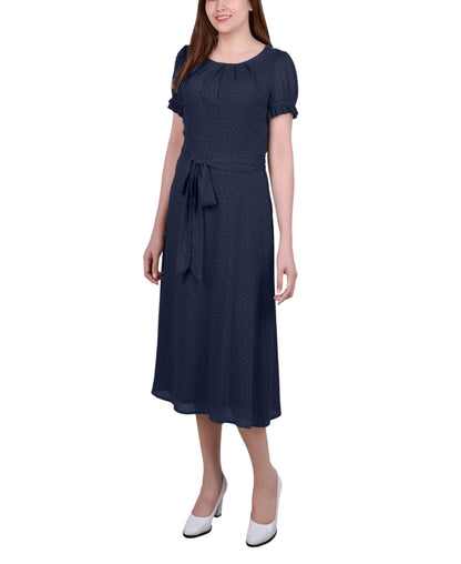 NY Collection Women's  Petite Short Sleeve Midi Belted dress