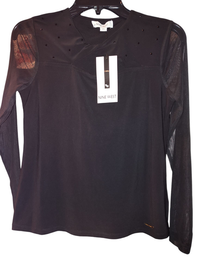 Nine West Womens Twist-Neck Cutout Long sleeve mesh blouse XS black