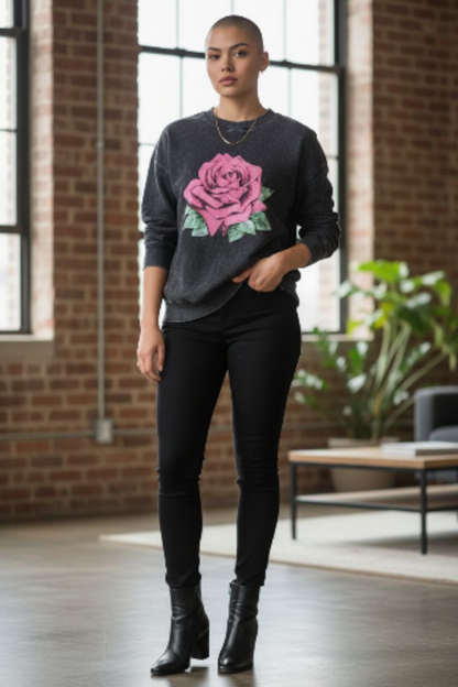 Rebellious One Juniors' Rose Mineral Wash Sweatshirt. Black