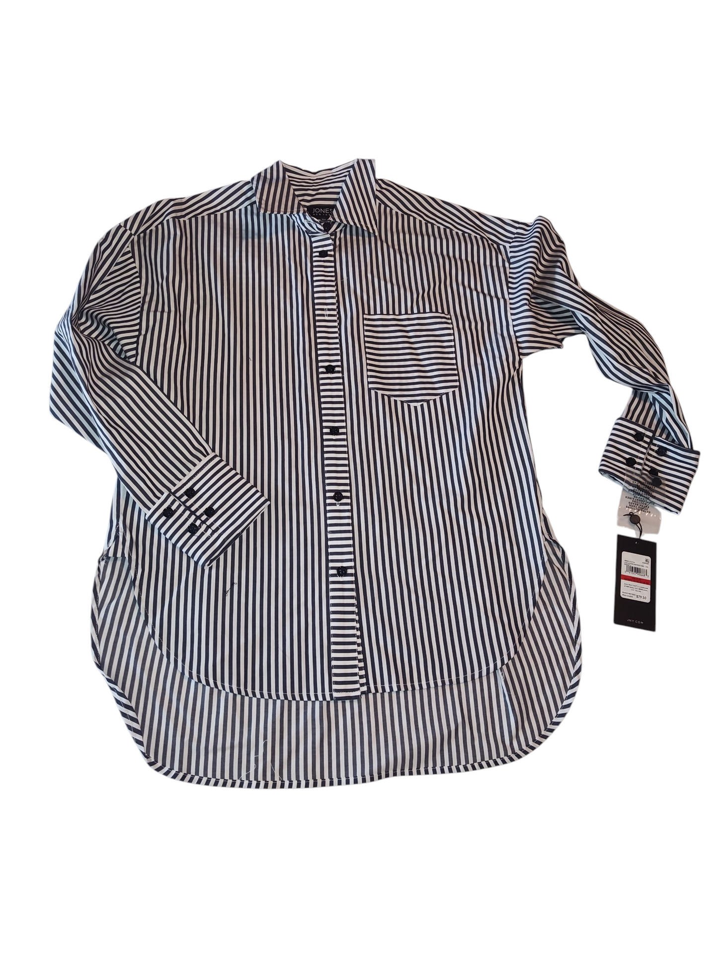 Jones New York Women's Cotton Oversized Striped  Button Down Shirt.  Navy white Collection