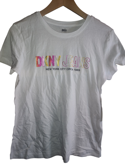 DKNY Jeans Womens Ombre-Logo Glitter T-Shirt XS