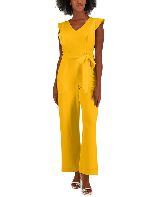 Kasper Scuba Crepe V-Neck Flutter-Sleeve Jumpsuit  Kasper Gold w BLUE Sash Medium