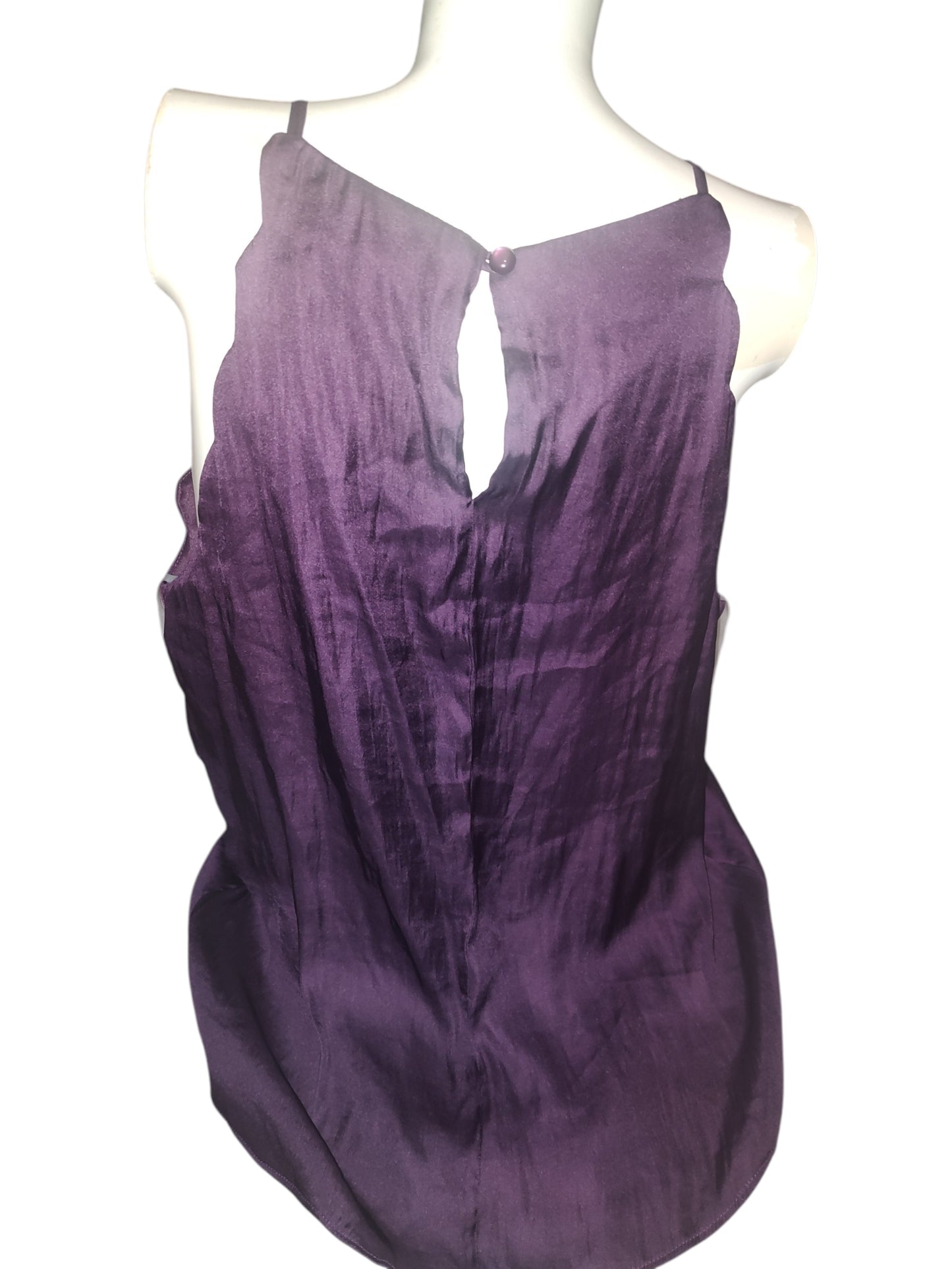 BCX Juniors' High-Neck Scallop-Edge Sleeveless Satin Top Plum Large