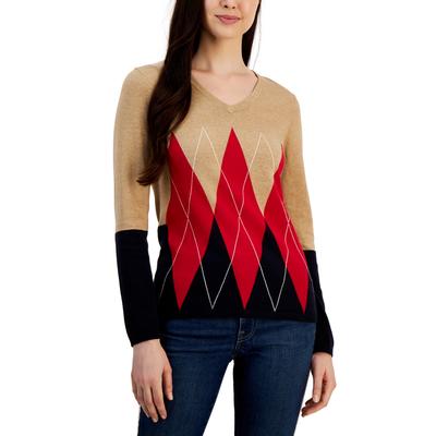 Pull col V en coton à imprimé losanges et blocs de couleurs Tommy Hilfiger pour femme