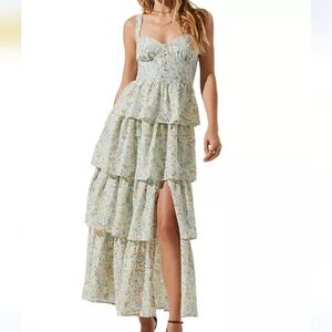 ASTR The Label Women's Midsummer Tiered Maxi Dress. Lt Mint Multi Floral MEDIUM