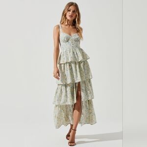 ASTR The Label Women's Midsummer Tiered Maxi Dress. Lt Mint Multi Floral MEDIUM